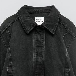 NWT ZARA Women Cropped Black Faded Denim Bomber Jacket: Size Medium